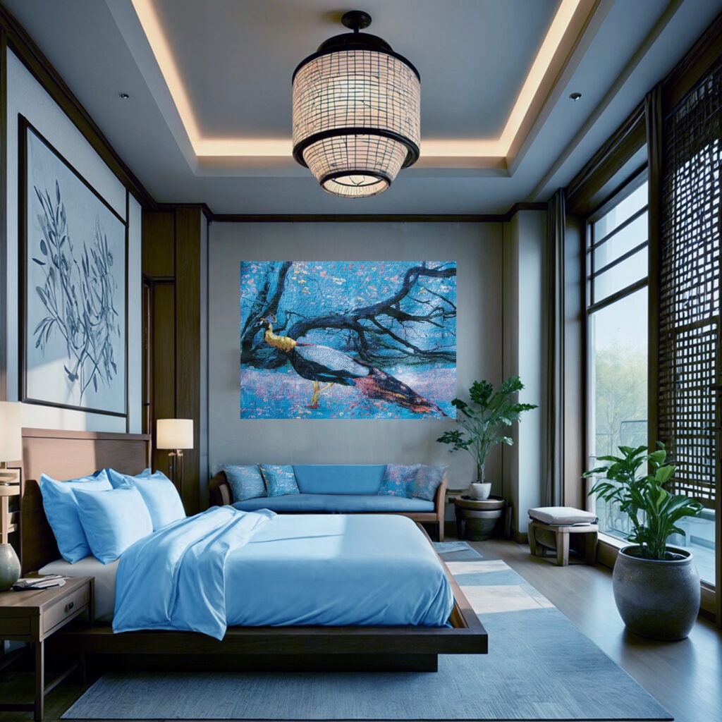 hotel room with tapestry peacock