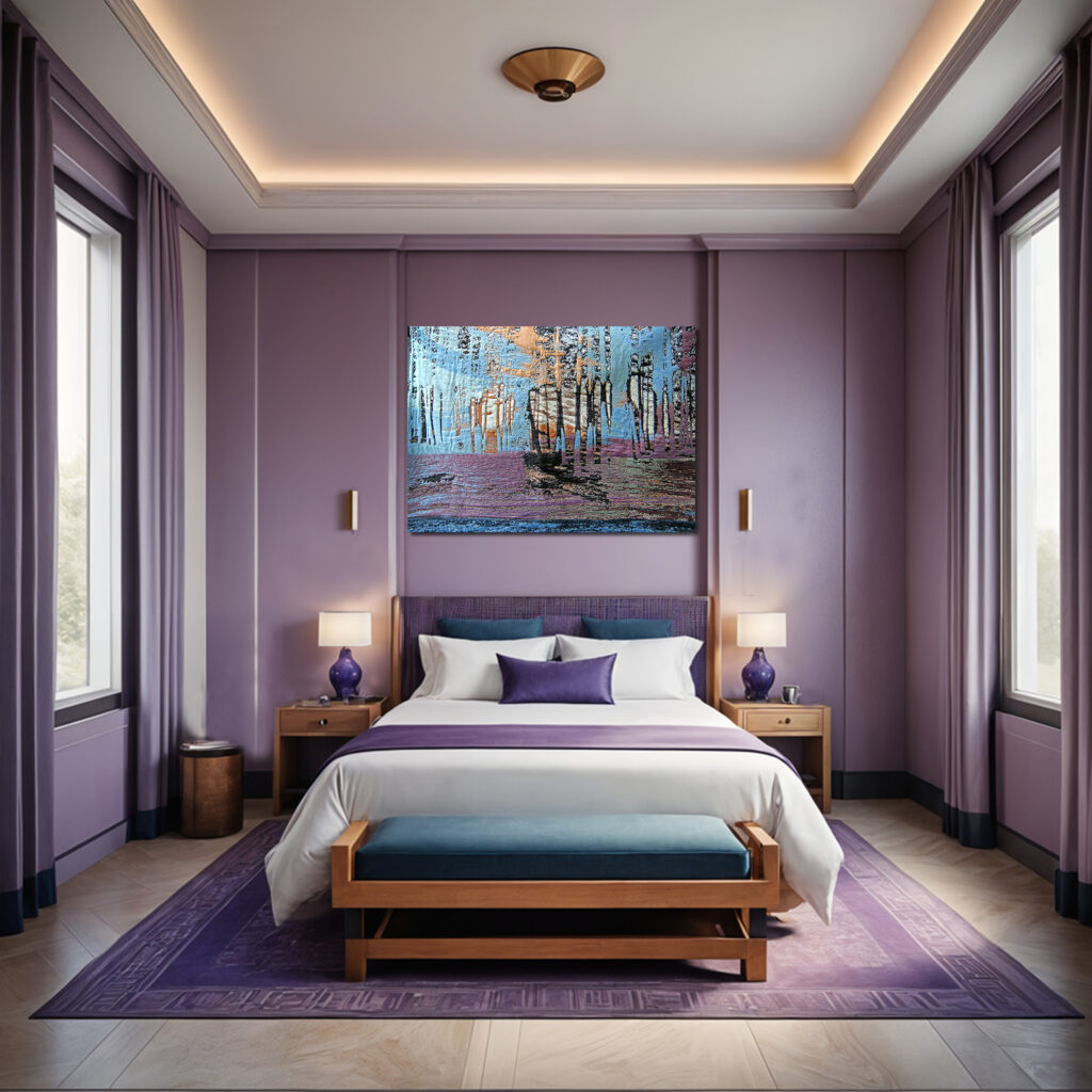 Luxe hotelkamer, paarse muren, hoge ramen, kingsizebed met wandkleed Mirago
