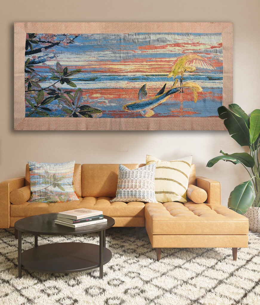wall tapestry with koi and crane