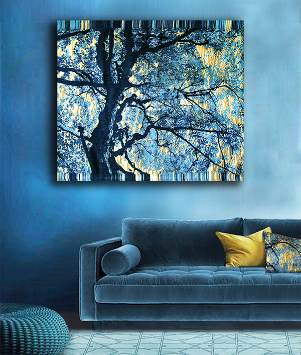 wall tapestry with tree and blue leaves and golden sky in blue interior