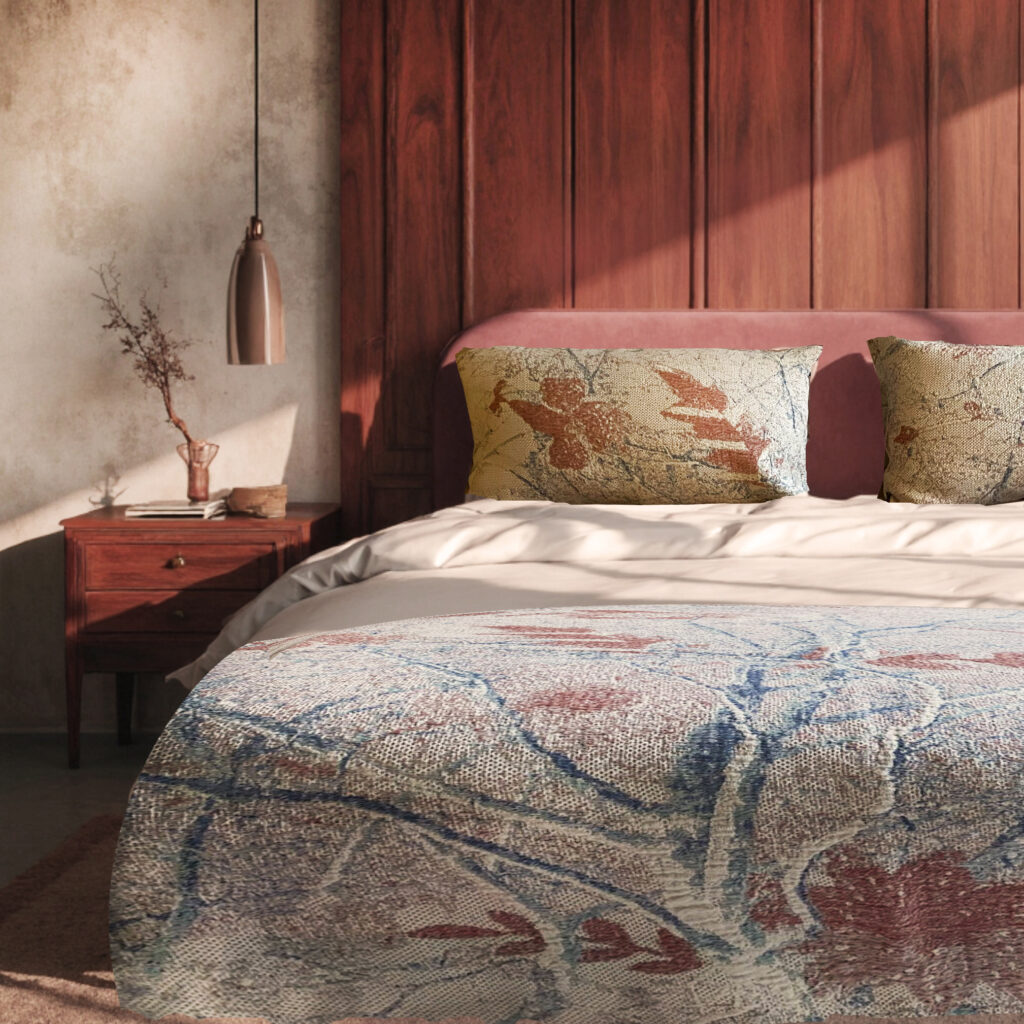 jacquard woven bed spread with cushions, dark pink, flowers, high-end