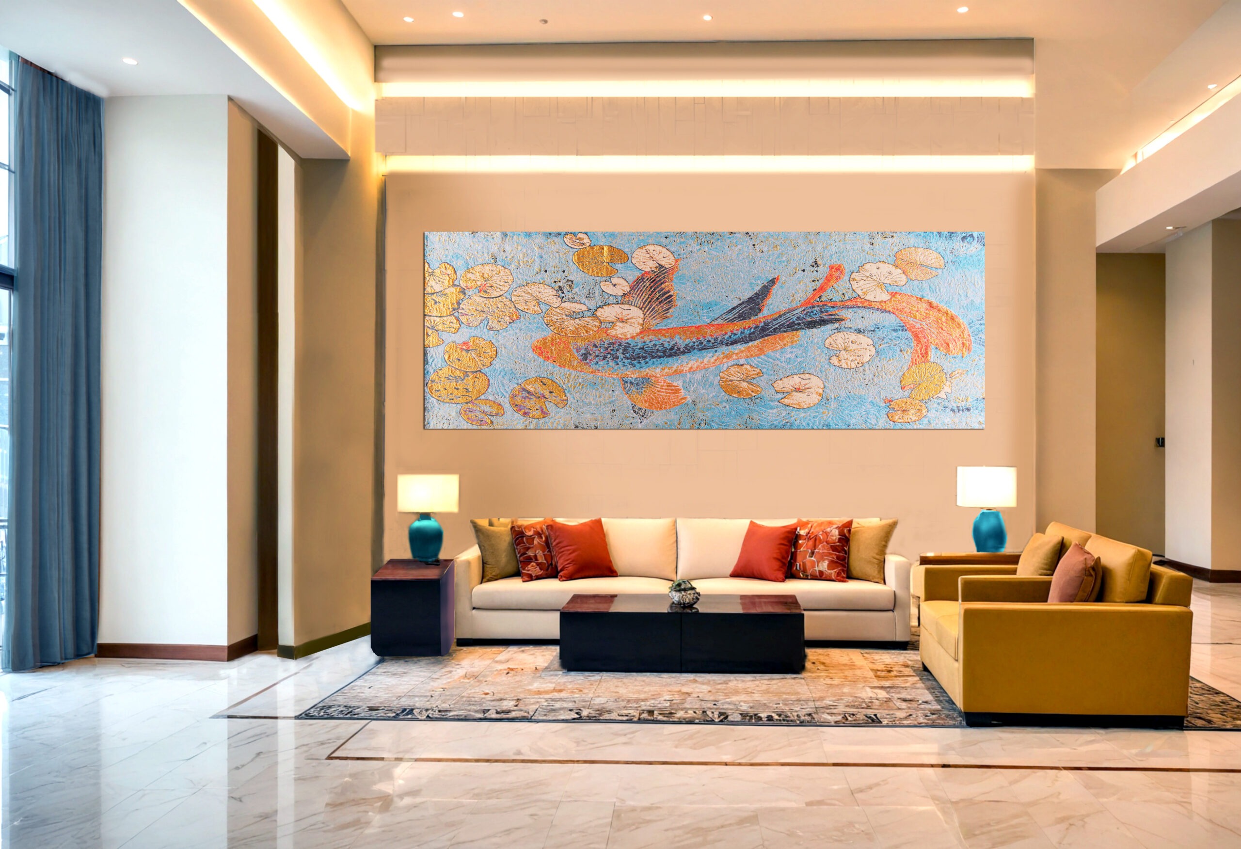 wandkleed fish in lily pond in hotellobby, geweven wanddecoratie