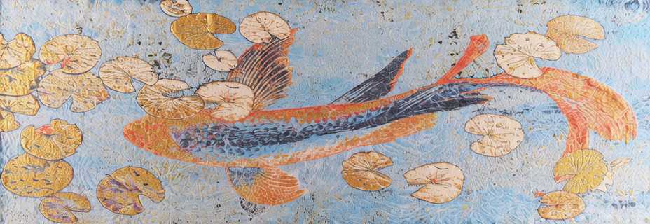 tapestry carp in lily pond