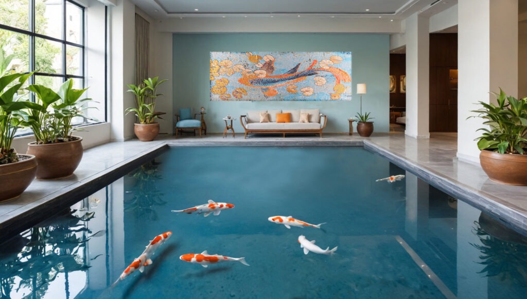 tapestry carp in lily pond in hotel lobby